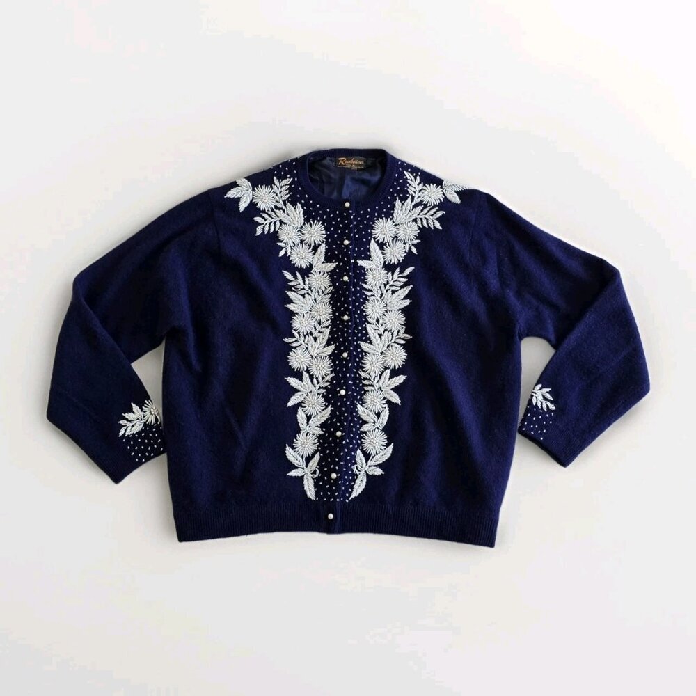 Vtg Embellished Beaded 1960s Cardigan Womens 44 L Blue Lined Floral Art To Wear - Picture 10 of 16